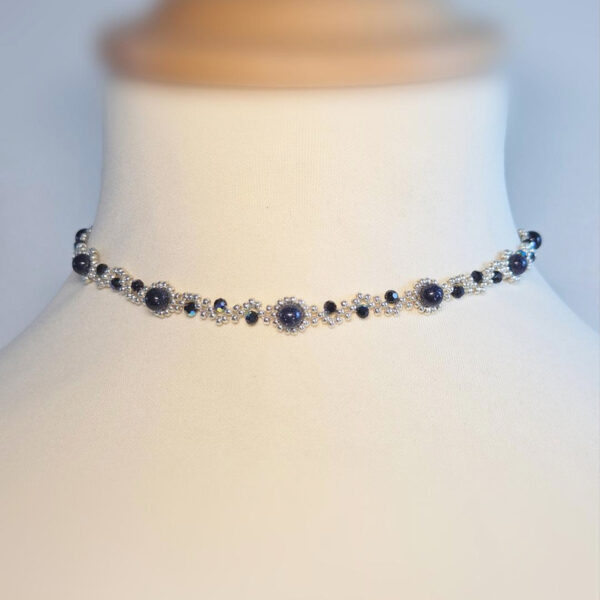 Choker pierre de sable bleue et perles Miyuki argentées fait main
