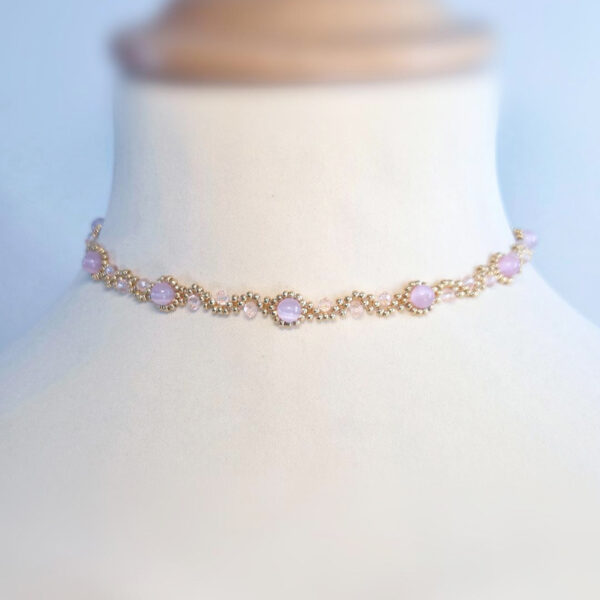 Choker œil de chat rose et perles Miyuki dorées fait main