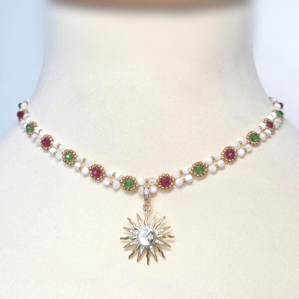 Collier Soleil et Lune en nacre naturelle, perles Miyuki et cristaux de verre